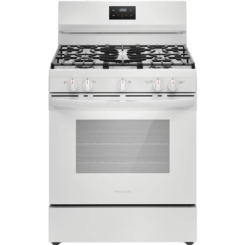 White stainless steel gas range oven with five burners and front control knobs