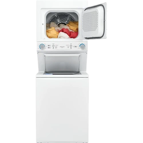 White stacked washer and dryer with open dryer door and a pile of laundry inside the dryer