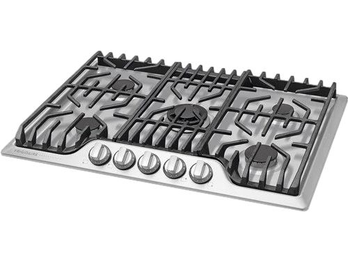Stainless steel gas cooktop with six burners and black grates on a white background