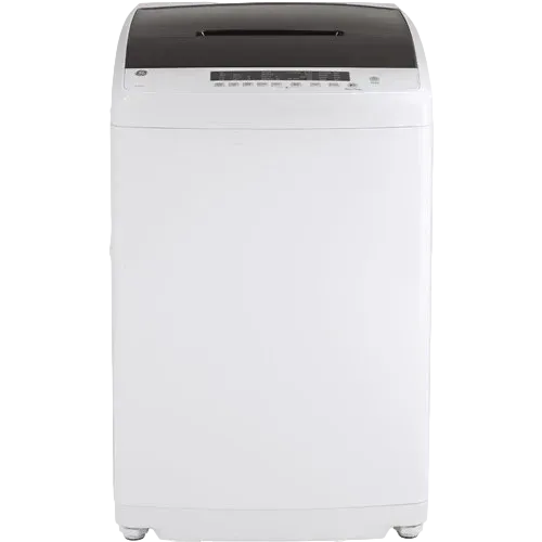 Open microwave with a glass dish of food inside on a white background