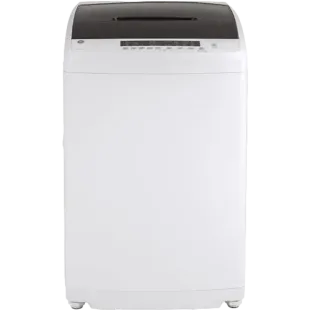Open microwave with a glass dish of food inside on a white background
