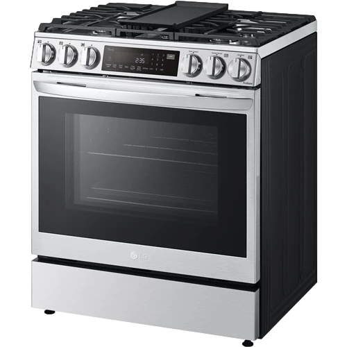 Stainless steel gas range stove with oven and black cooktop, front view