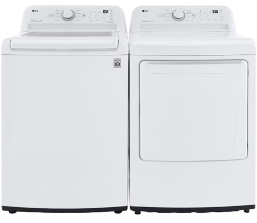 White top-load washer and matching front-load dryer side by side on a white background