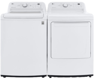 White top-load washer and matching front-load dryer side by side on a white background