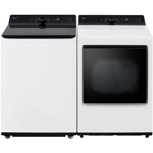 White washer and dryer set, front-loading, with dark control panels and black doors