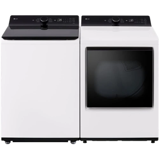 White washer and dryer set, front-loading, with dark control panels and black doors