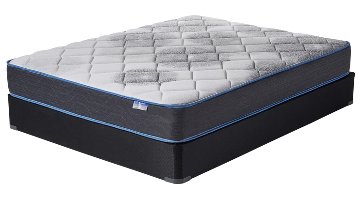 Gray quilted mattress with black base and blue trim, shown on a white background