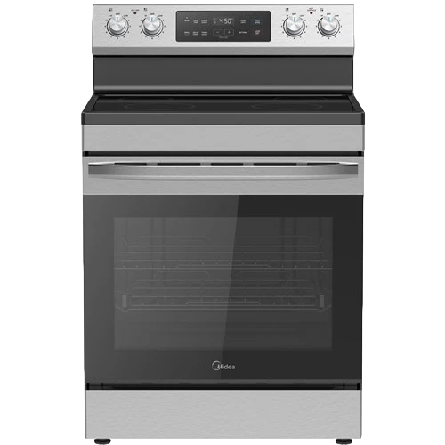 Stainless steel electric range oven with black glass door and digital control panel