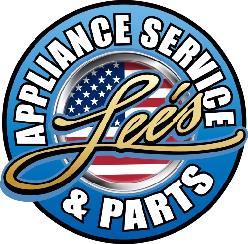 Logo for Lee's Appliance Service & Parts, a blue circle with the name in white, and the American flag inside.