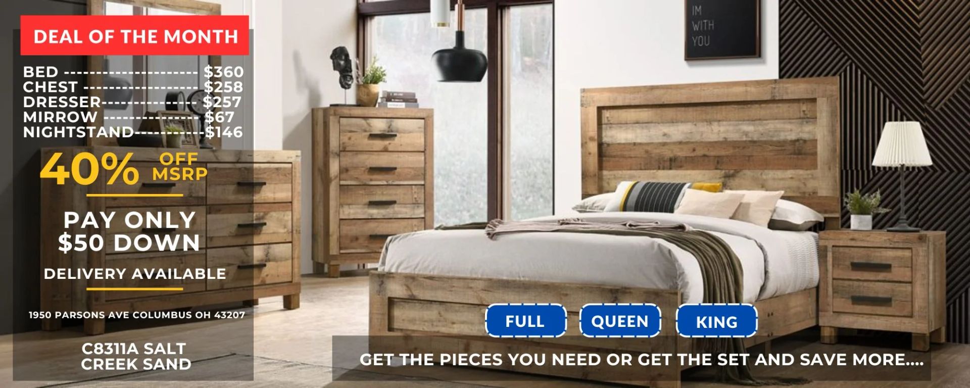 Rustic bedroom sale ad with 40% off, pay only $399, and blue shop buttons over a staged bedroom set