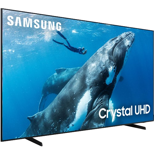 Samsung Crystal UHD TV displaying an underwater scene with a diver and whale