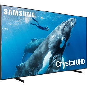 Samsung Crystal UHD TV displaying an underwater scene with a diver and whale