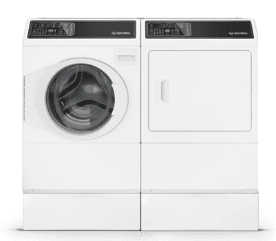 White front-load washer and matching dryer side by side on a plain background