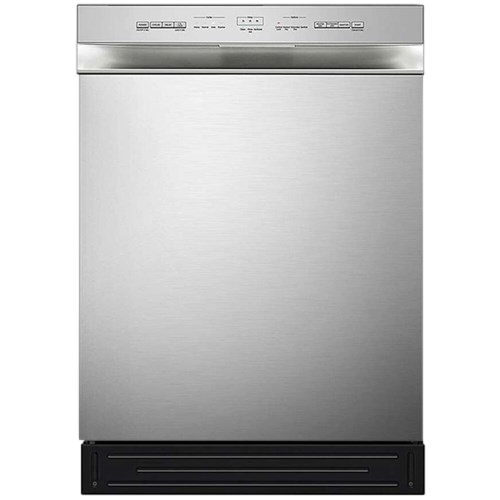 Stainless steel dishwasher with black base and top control panel