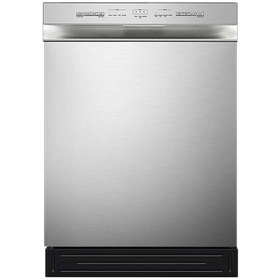 Stainless steel dishwasher with black base and top control panel