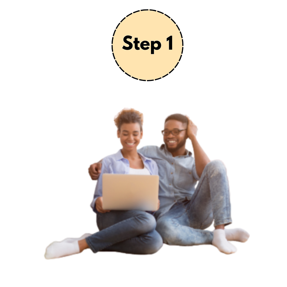 Step 1: two people smiling with a laptop, seated on the floor against a white background.