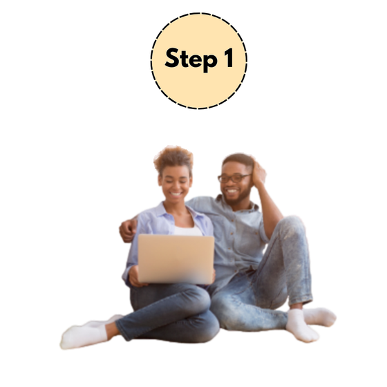 Step 1: two people smiling with a laptop, seated on the floor against a white background.