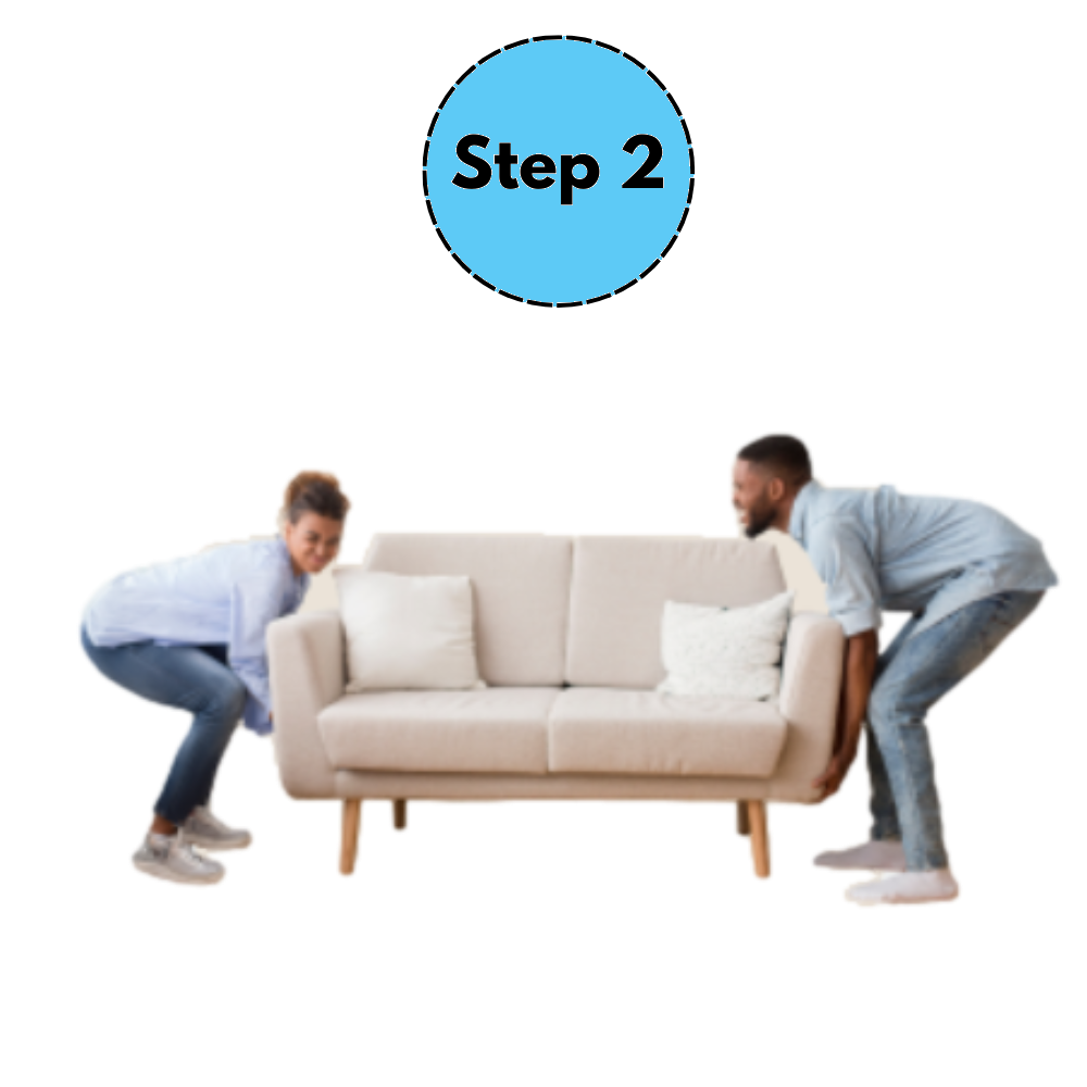 Two people lifting a beige sofa, with a blue “Step 2” label above.