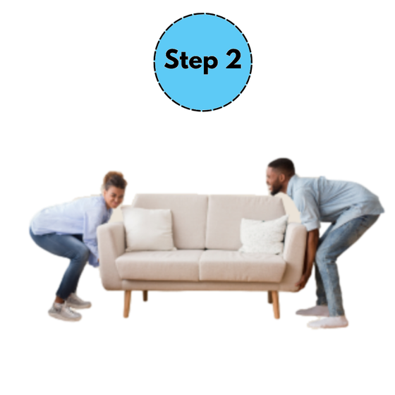 Two people lifting a beige sofa, with a blue “Step 2” label above.