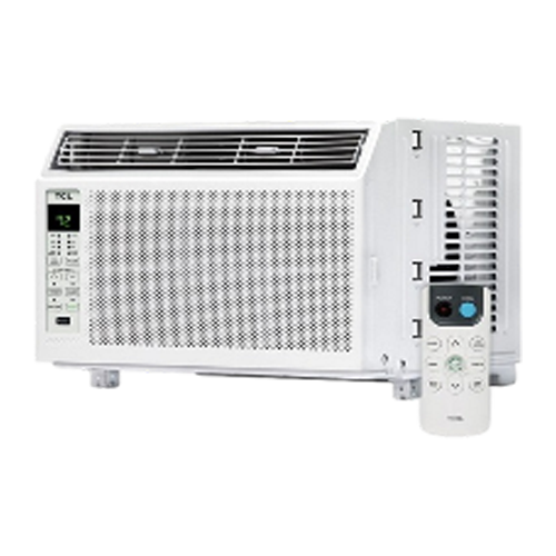 White window air conditioner with remote control on a white background