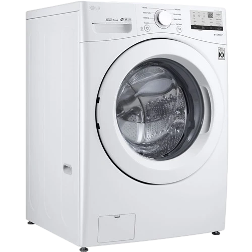 White front-loading washing machine with a round glass door and control dial on top.