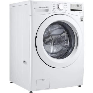 White front-loading washing machine with a round glass door and control dial on top.
