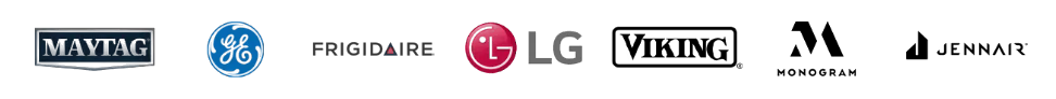 Row of appliance brand logos on a white background, including Maytag, GE, Frigidaire, LG, Viking, and JennAir