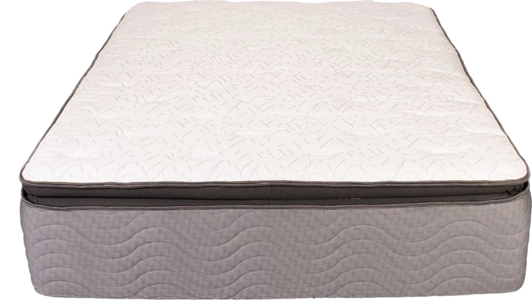 White mattress with quilted cover and dark gray trim, shown on its side against a plain background