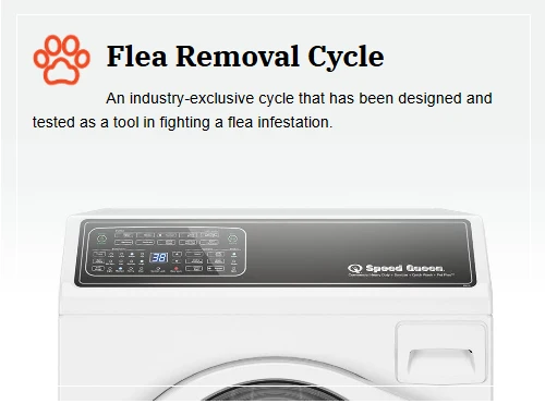 Washing machine panel advertising a Flea Removal Cycle for treating flea infestations