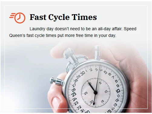 Fast Cycle Times ad with stopwatch and a hand, promoting quicker laundry days