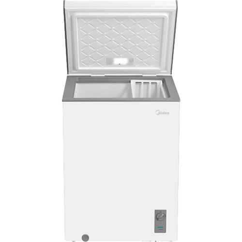 White top-opening freezer with lid open, showing empty white interior and a small control panel on the front.