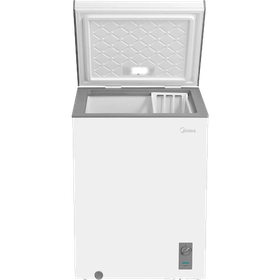 White top-opening freezer with lid open, showing empty white interior and a small control panel on the front.