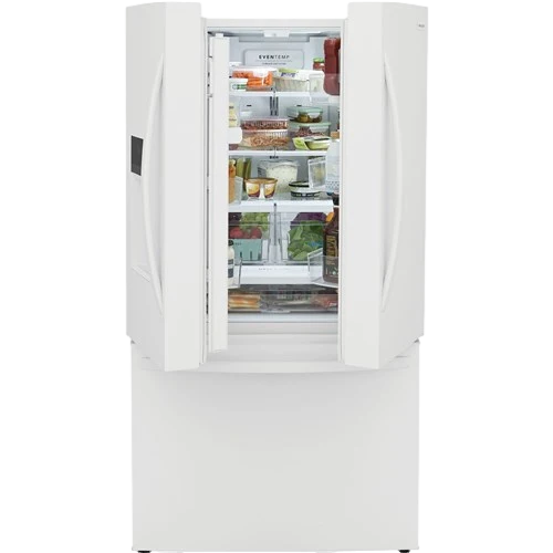White French-door refrigerator with open doors showing organized shelves of groceries inside