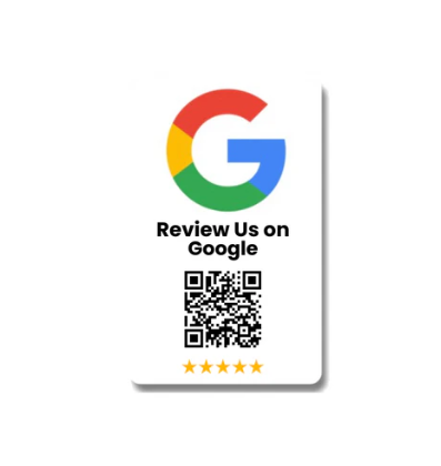 Google review sign with QR code and five stars on a white card
