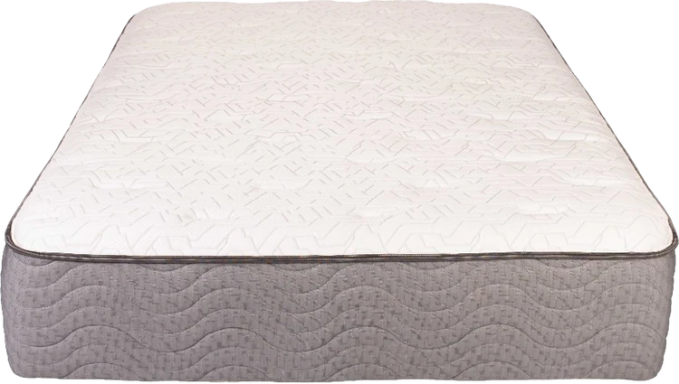 White mattress with quilted top and gray side panel on a plain background