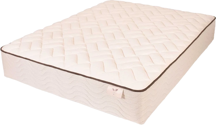 Gray quilted mattress with black base and blue trim, shown on a white background