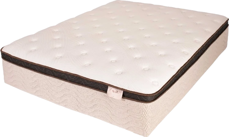 White tufted mattress with dark trim on a plain background