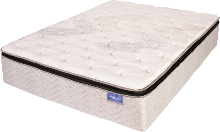 White quilted mattress with black piping on a plain background