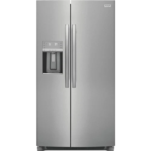 Stainless steel side-by-side refrigerator with water and ice dispenser on the left door