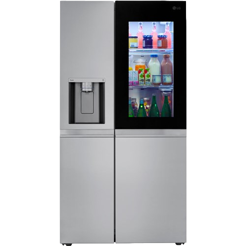 Silver LG side-by-side refrigerator with water dispenser and lit glass-door beverage compartment.