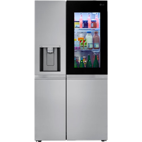 Silver LG side-by-side refrigerator with water dispenser and lit glass-door beverage compartment.