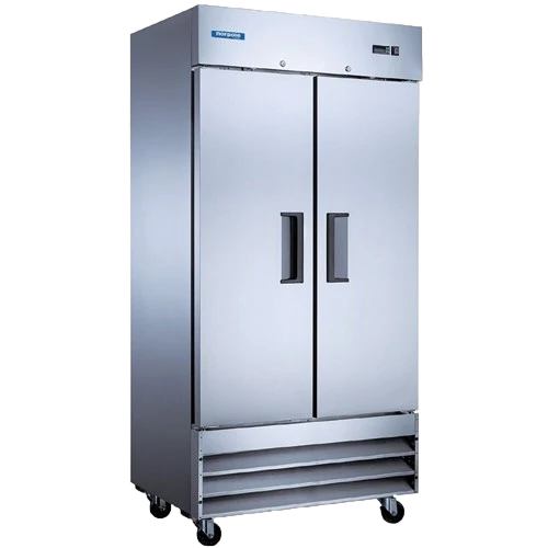 Stainless steel commercial double-door refrigerator on casters, front view
