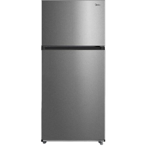 Silver top-freezer refrigerator on a plain white background