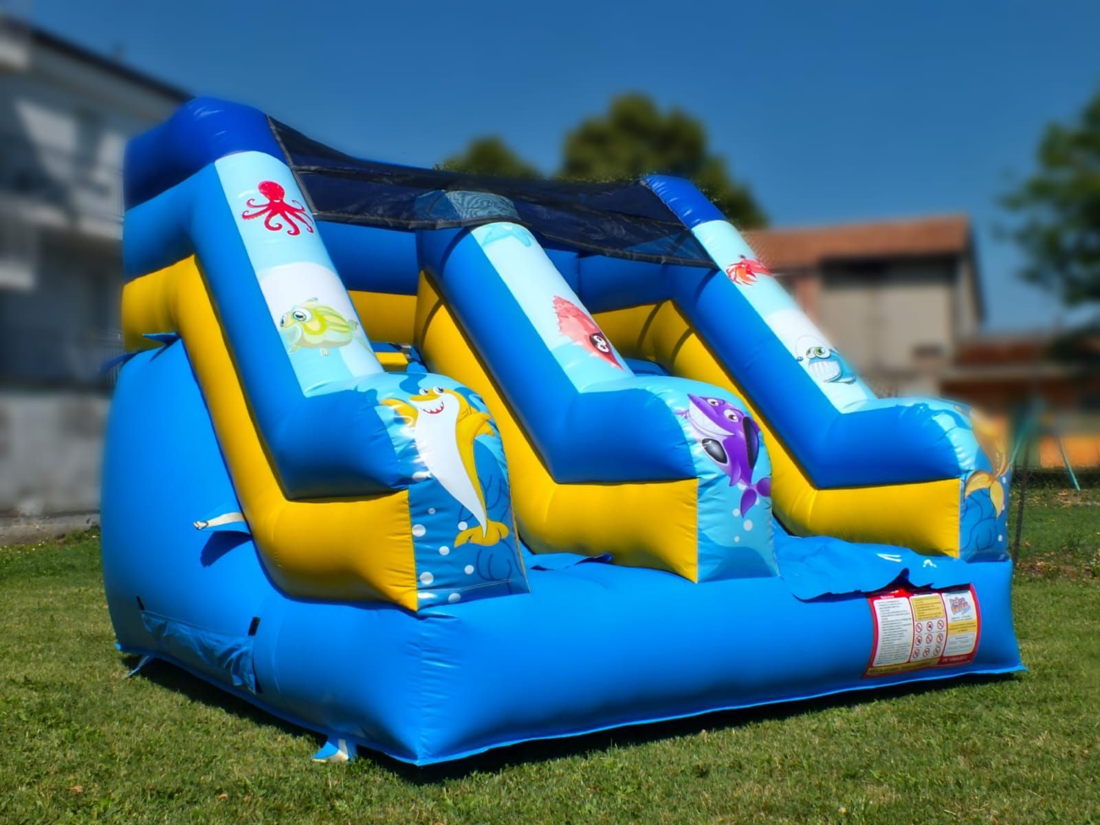 Scivolo acquatico gonfiabile blu e giallo su un prato, con una casa sullo sfondo.