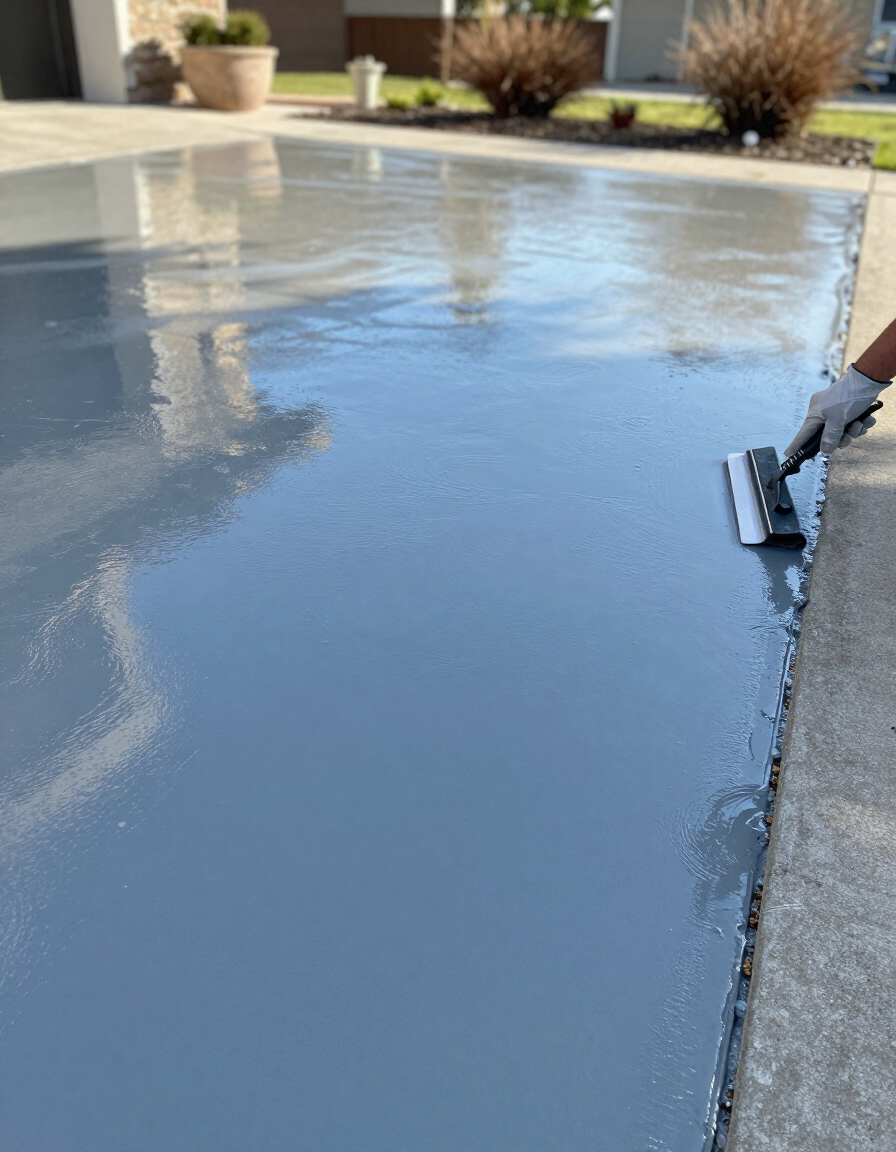 Driveway epoxy coating installation showing decorative finish and texture