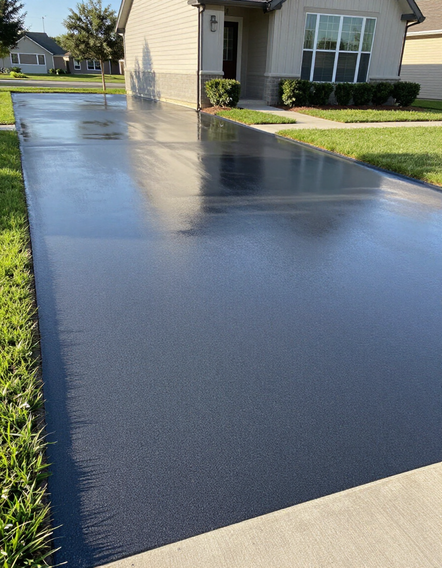 Completed residential driveway epoxy project with clean polished finish