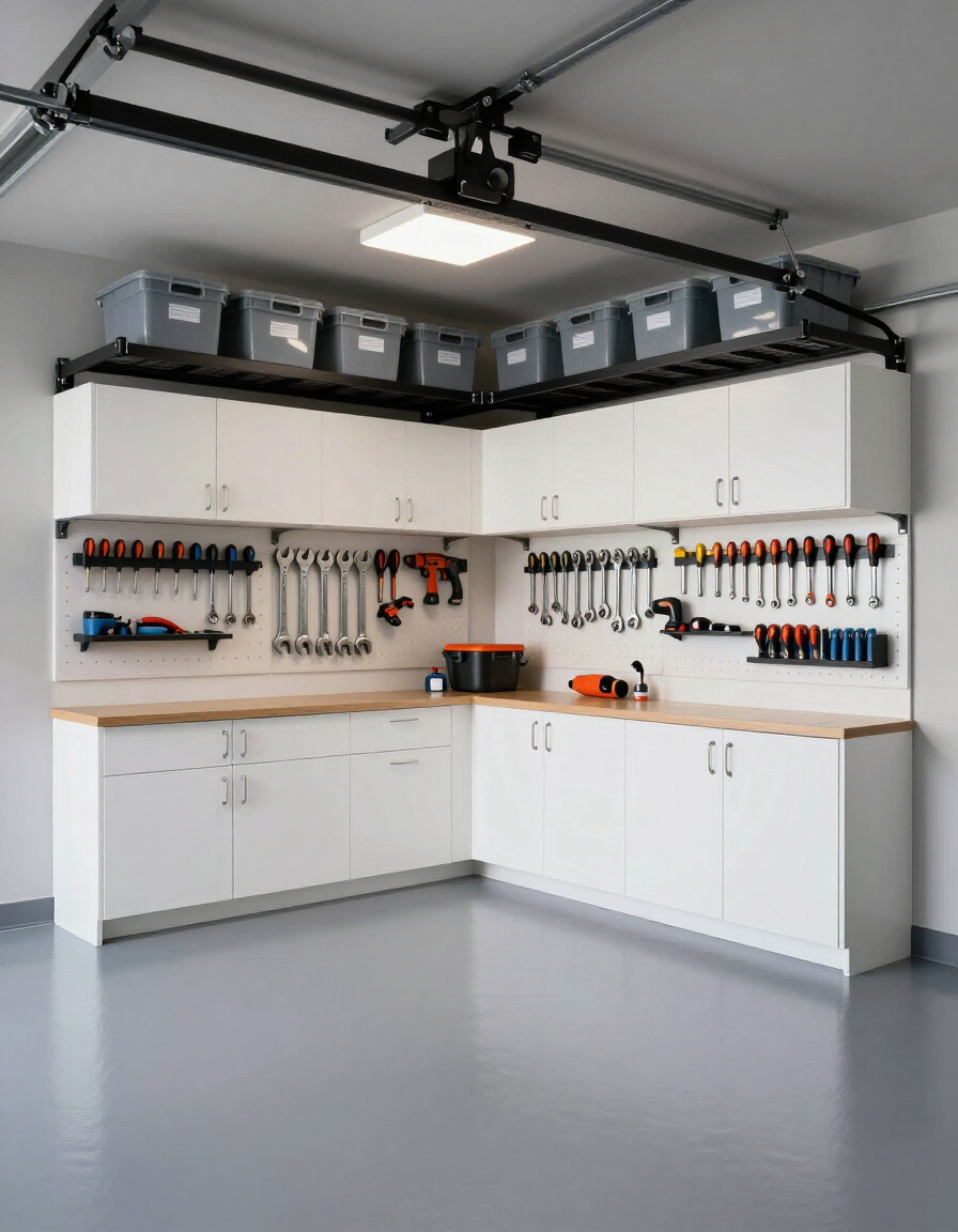 Custom garage cabinet and overhead storage rack installation