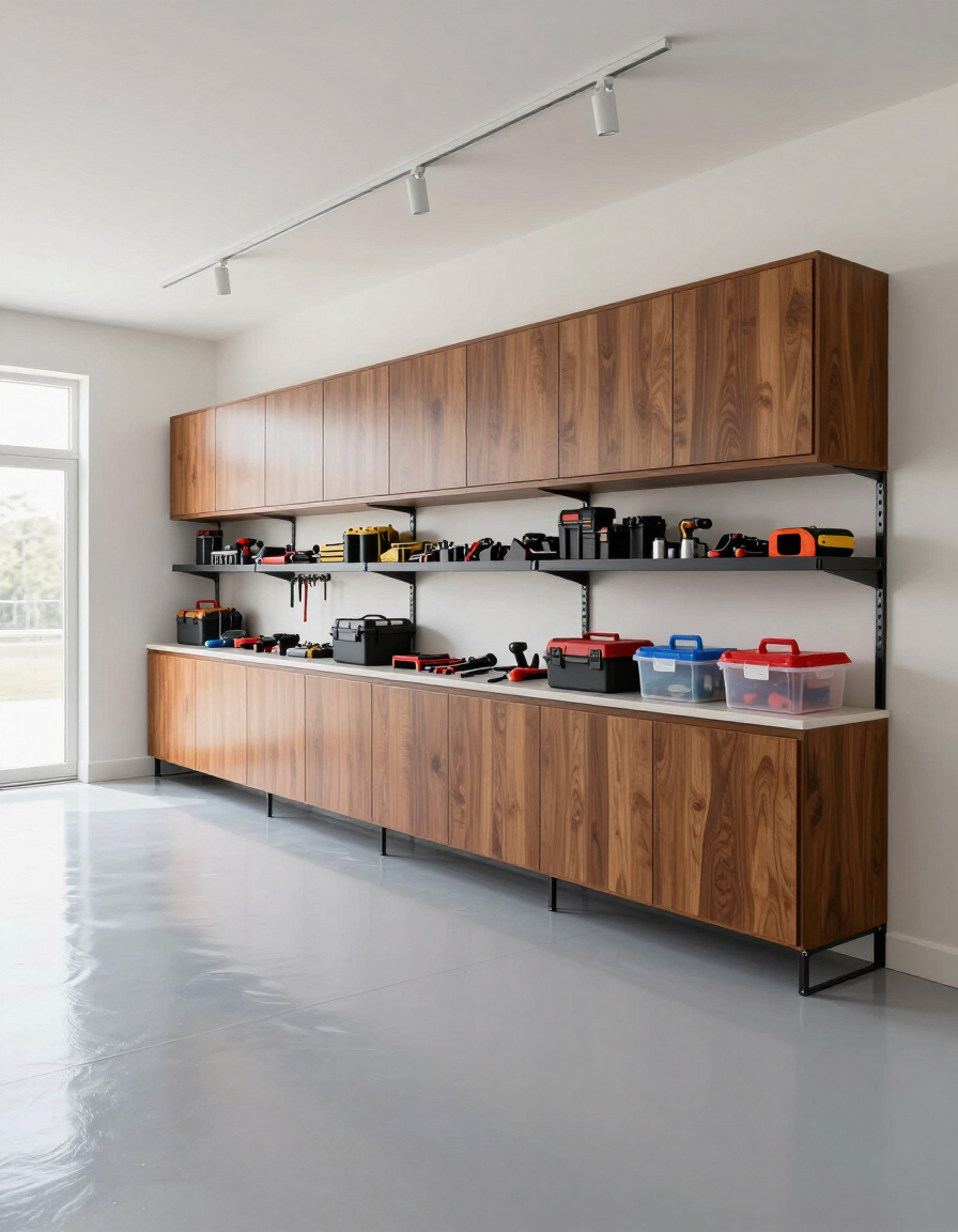 Completed garage storage system with cabinets and wall shelving