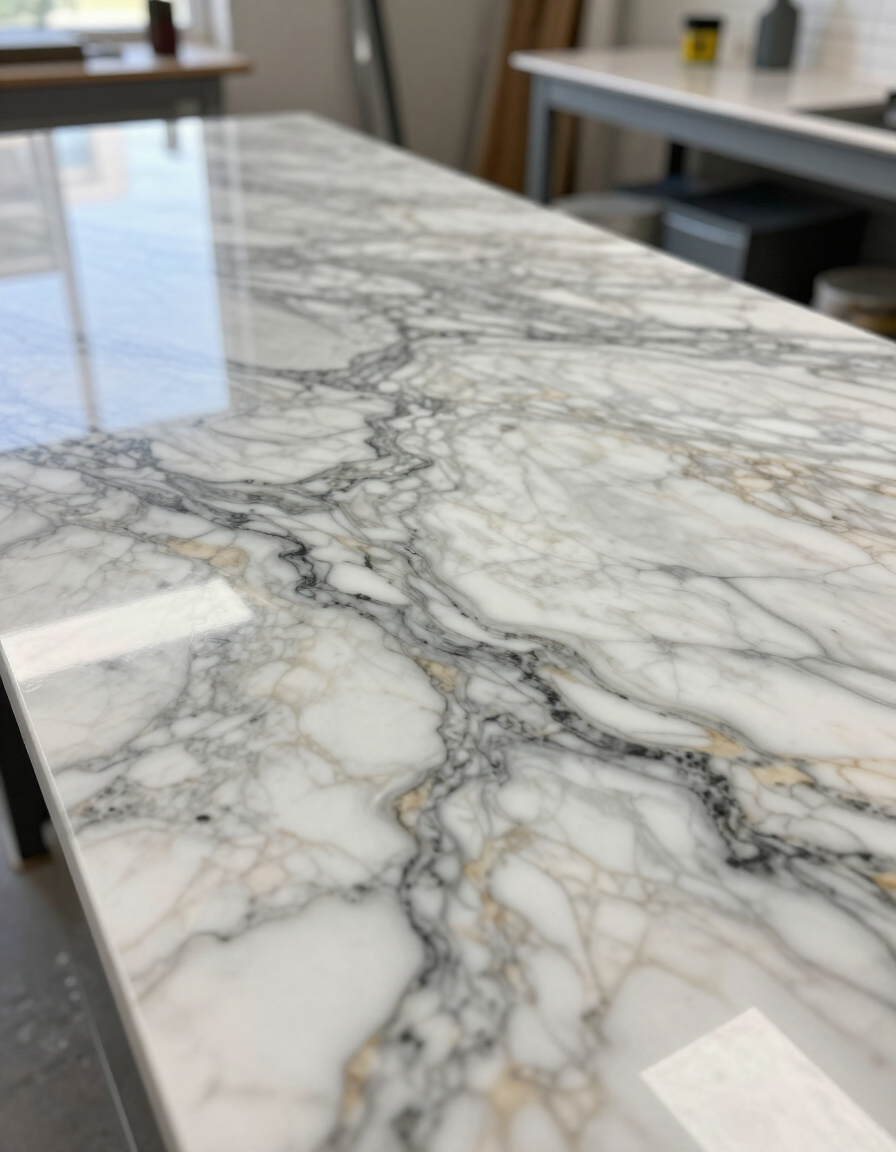 Epoxy countertop installation with stone-inspired swirl design