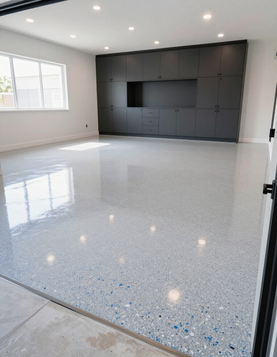 Finished garage floor with full-broadcast epoxy flake coating
